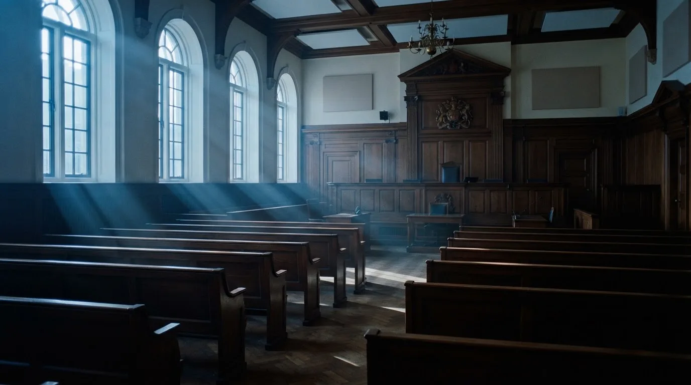 An empty courtroom with wooden benches in morning light