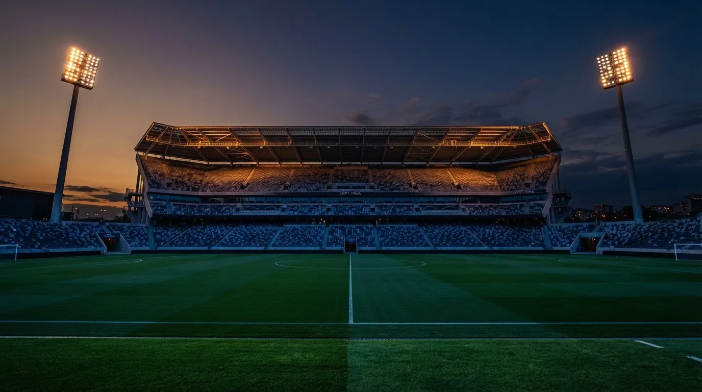An empty football stadium with floodlight masts at dusk